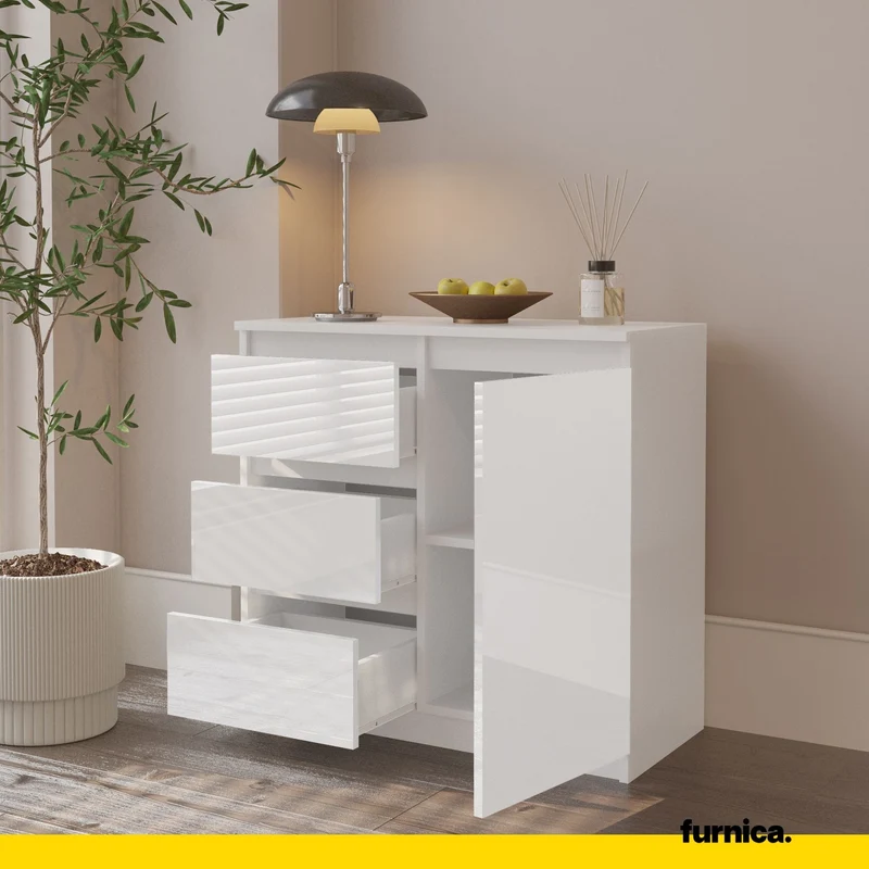 MIKEL - Commode 3 Tiroirs et 1 Porte - Armoire de Rangement pour Couloir/Chambre à Coucher - Buffet - H75cm L80cm P35cm (Blanc Mat/Blanc Brillant)