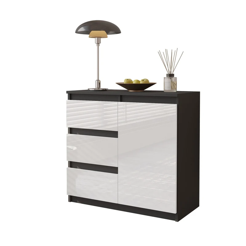 MIKEL - Commode 3 Tiroirs et 1 Porte - Armoire de Rangement pour Couloir/Chambre à Coucher - Buffet - H75cm L80cm P35cm (Anthracite/Blanc Brillant)