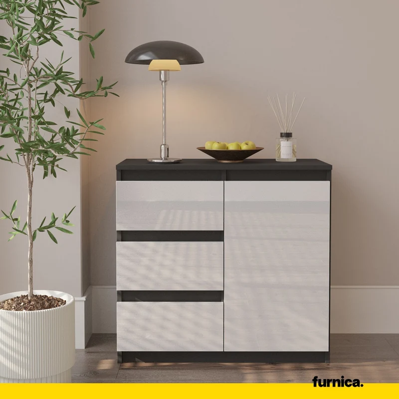 MIKEL - Commode 3 Tiroirs et 1 Porte - Armoire de Rangement pour Couloir/Chambre à Coucher - Buffet - H75cm L80cm P35cm (Anthracite/Blanc Brillant)