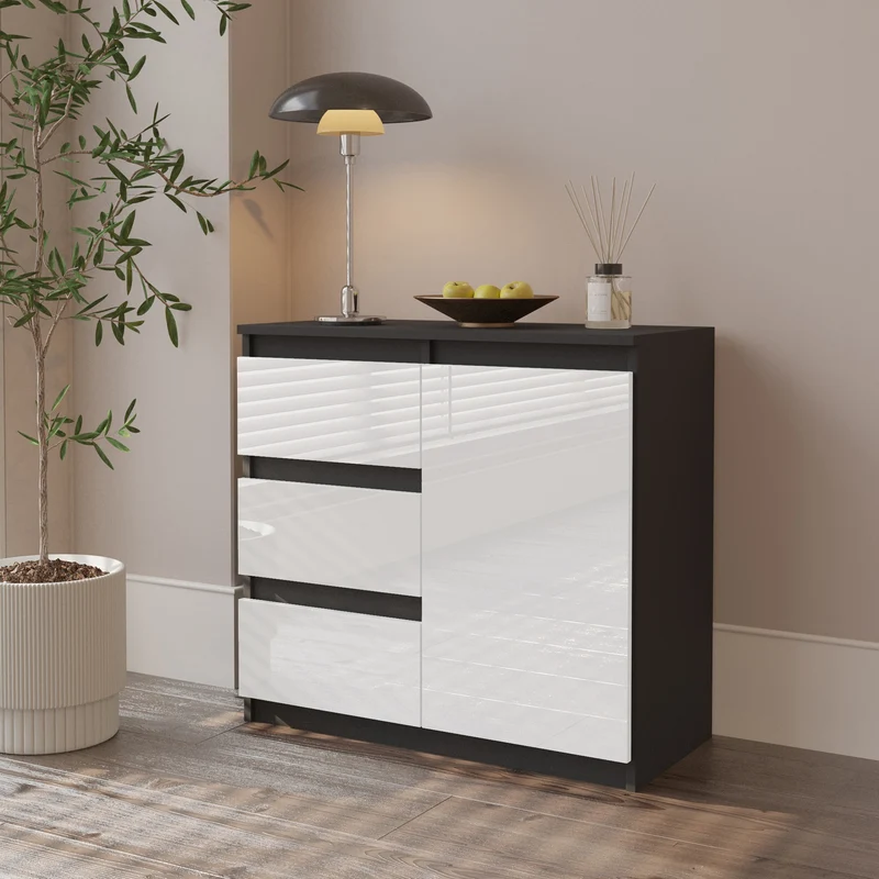 MIKEL - Commode 3 Tiroirs et 1 Porte - Armoire de Rangement pour Couloir/Chambre à Coucher - Buffet - H75cm L80cm P35cm (Anthracite/Blanc Brillant)