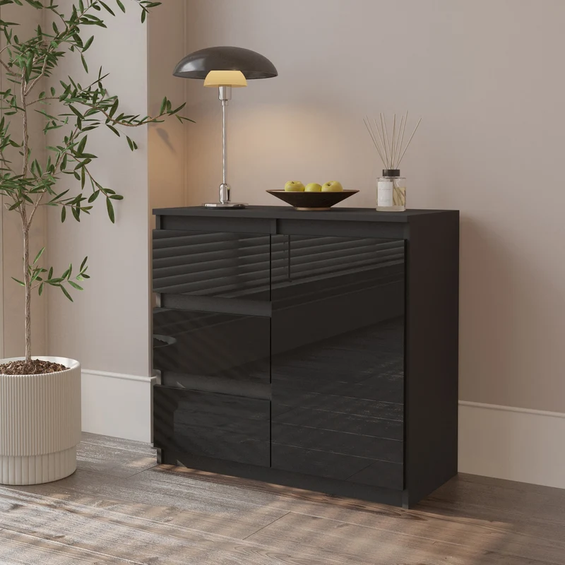 MIKEL - Commode 3 Tiroirs et 1 Porte - Armoire de Rangement pour Couloir/Chambre à Coucher - Buffet - H75cm L80cm P35cm (Anthracite/Noir Brillant)