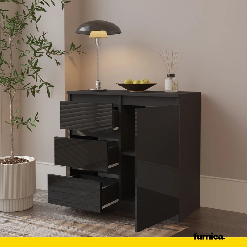 MIKEL - Commode 3 Tiroirs et 1 Porte - Armoire de Rangement pour Couloir/Chambre à Coucher - Buffet - H75cm L80cm P35cm (Anthracite/Noir Brillant)