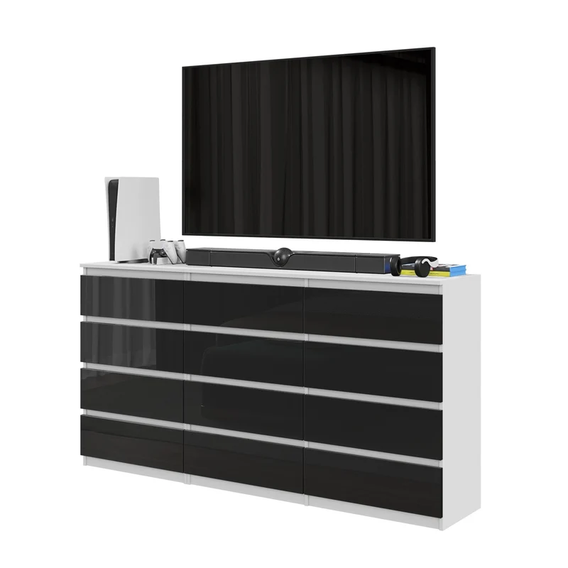 GABRIEL - Commode 12 Tiroirs (8+4) - H92cm L180cm P33cm (Blanc / Noir Brillant)