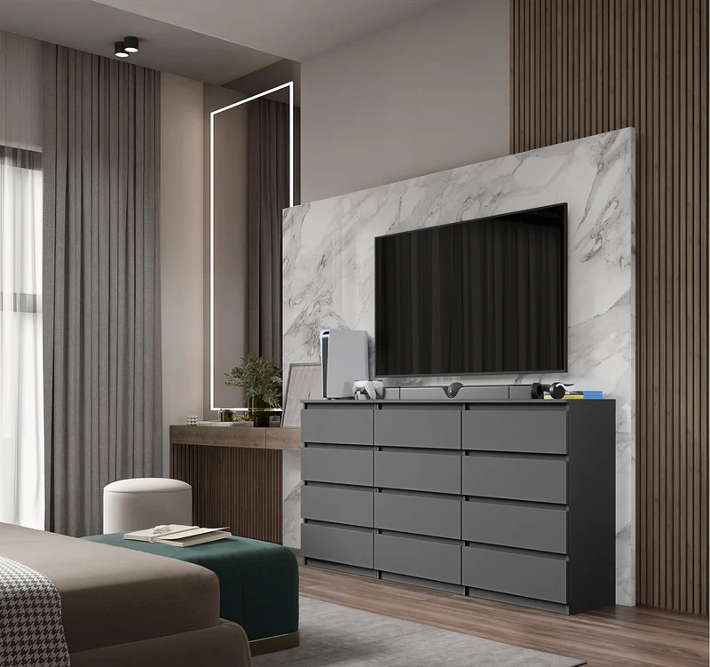 GABRIEL - Commode 12 Tiroirs (8+4) - H92cm L180cm P33cm (Anthracite)