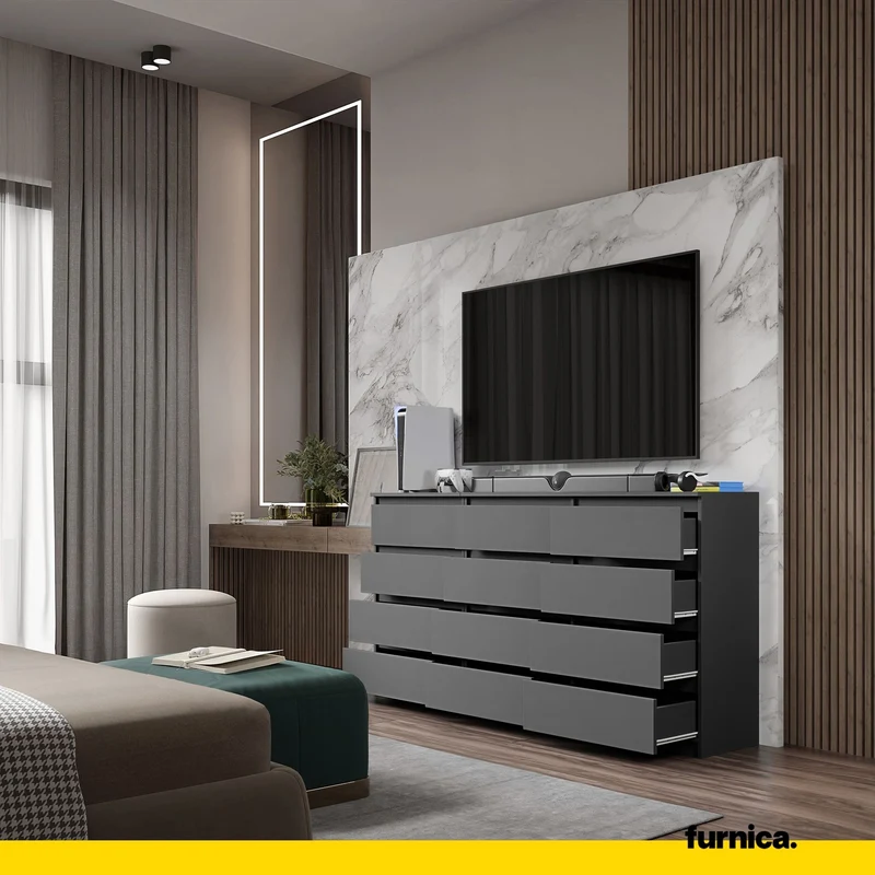 GABRIEL - Commode 12 Tiroirs (8+4) - H92cm L180cm P33cm (Anthracite)