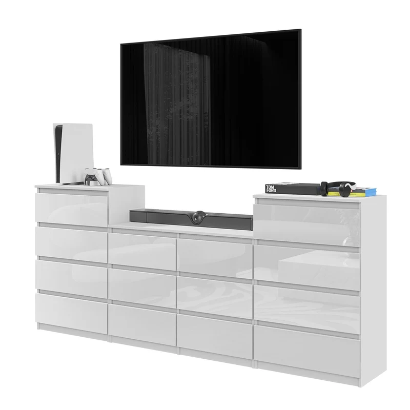 GABRIEL - Commode 14 Tiroirs (4+6+4) - H92cm L220cm P33cm (Blanc Brillant)