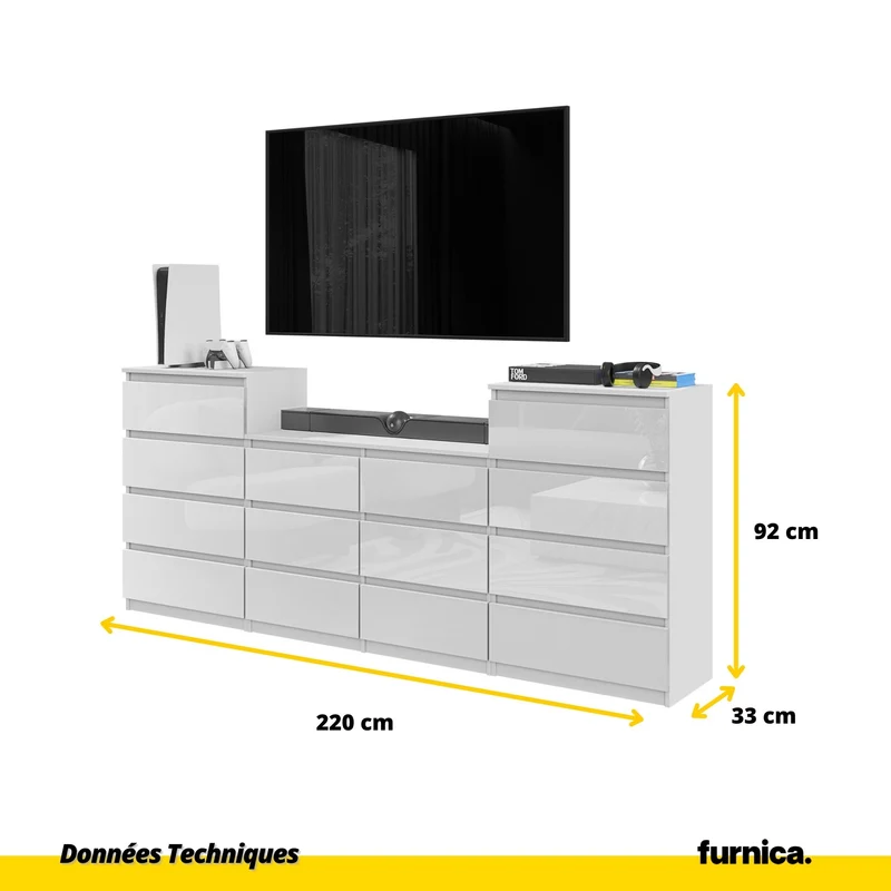 GABRIEL - Commode 14 Tiroirs (4+6+4) - H92cm L220cm P33cm (Blanc Brillant)