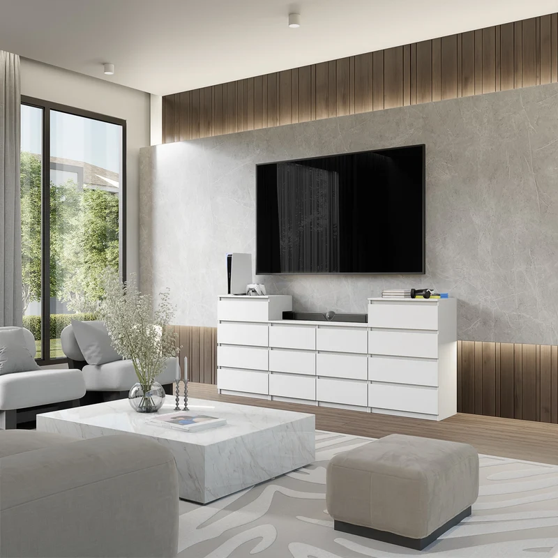 GABRIEL - Commode 14 Tiroirs (4+6+4) - H92cm L220cm P33cm (Blanc)