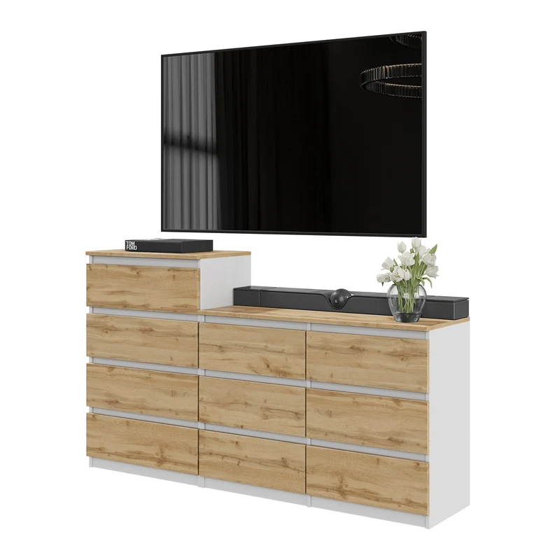 GABRIEL - Commode 10 Tiroirs (6+4) - H92/70 cm L160 cm P33 cm (Blanc / Chêne Wotan)