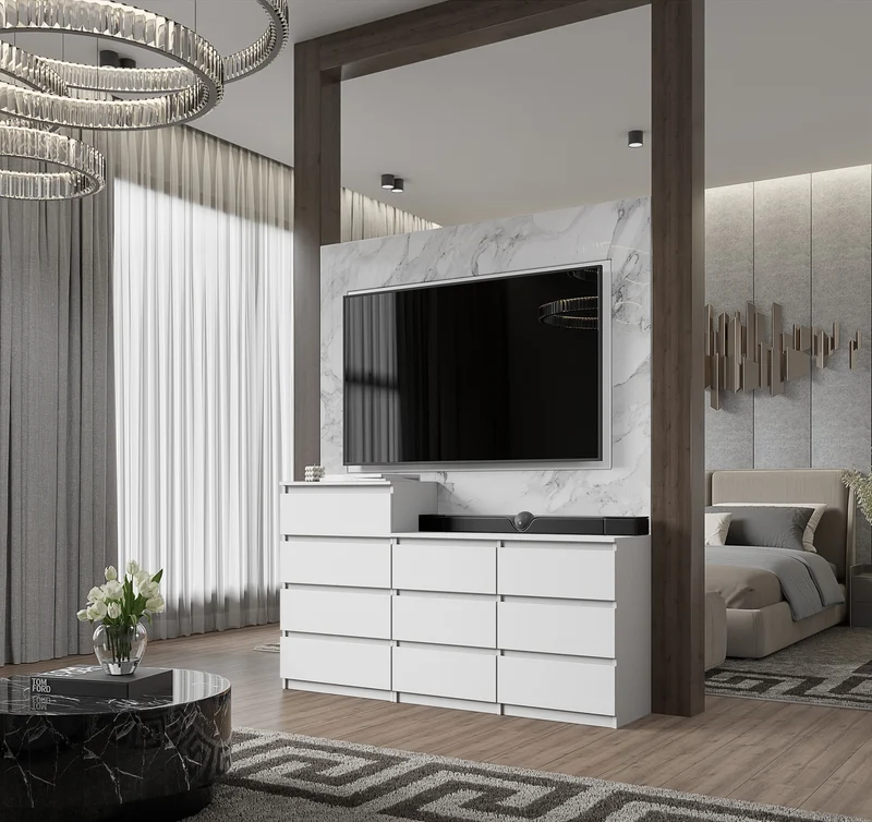 GABRIEL - Commode 10 Tiroirs (6+4) - H92/70 cm L160 cm P33 cm (Blanc)