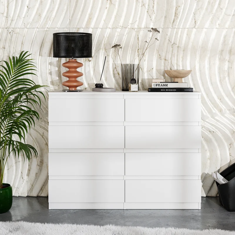 GABRIEL - Commode 8 Tiroirs - Buffet de Chevet - H92 cm L120 cm P33 cm (Blanc)