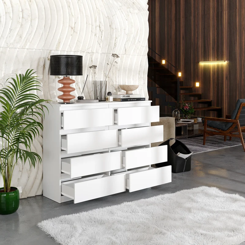 GABRIEL - Commode 8 Tiroirs - Buffet de Chevet - H92 cm L120 cm P33 cm (Blanc)