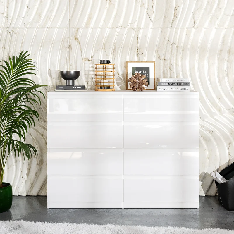 GABRIEL - Commode 8 Tiroirs - Buffet de Chevet - H92 cm L120 cm P33 cm (Blanc Brillant)