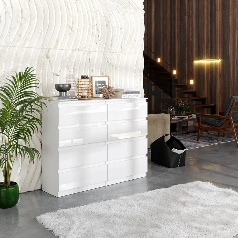 GABRIEL - Commode 8 Tiroirs - Buffet de Chevet - H92 cm L120 cm P33 cm (Blanc Brillant)