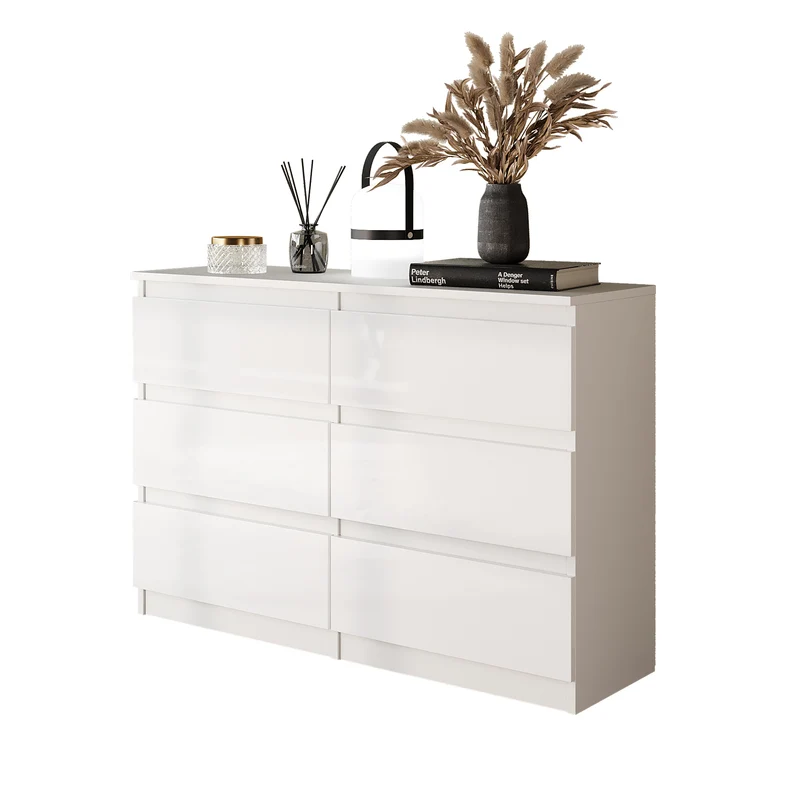 GABRIEL - Commode 6 Tiroirs - Buffet de Chevet - H71 cm L100 cm P33 cm (Blanc Mat / Blanc Brillant)