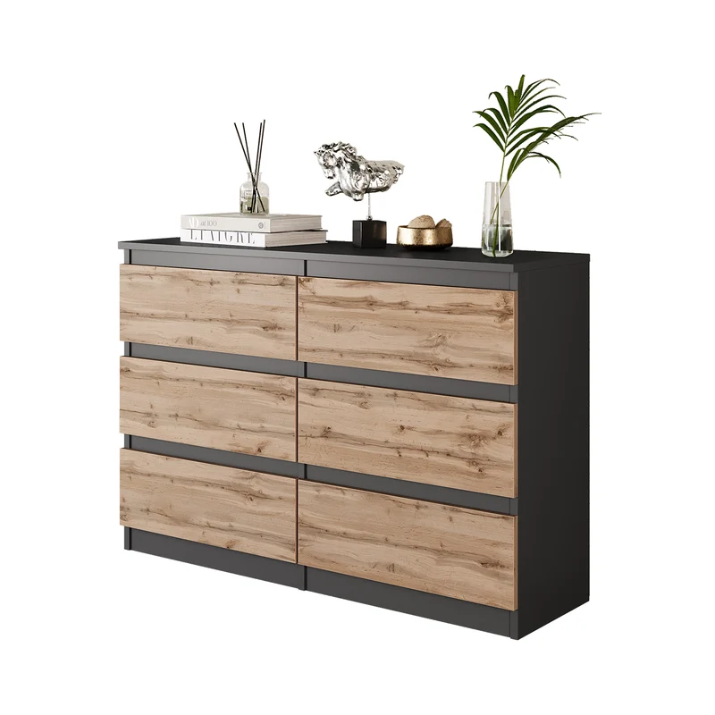 GABRIEL - Commode 6 Tiroirs - Buffet de Chevet - H71 cm L100 cm P33 cm (Anthracite / Chêne Wotan)