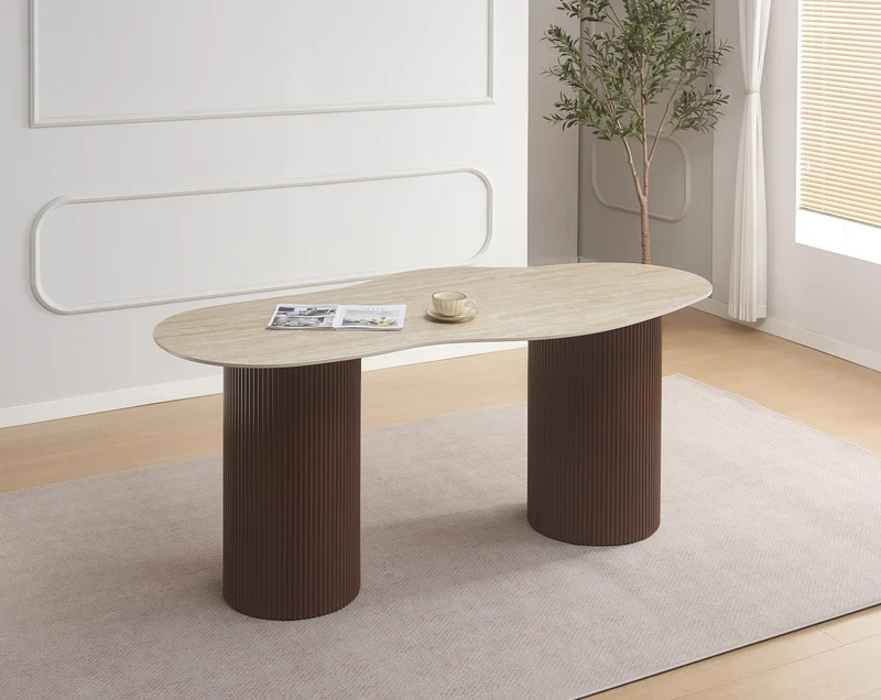 Table à manger NIKI plateau céramique effet travertin pieds noyer