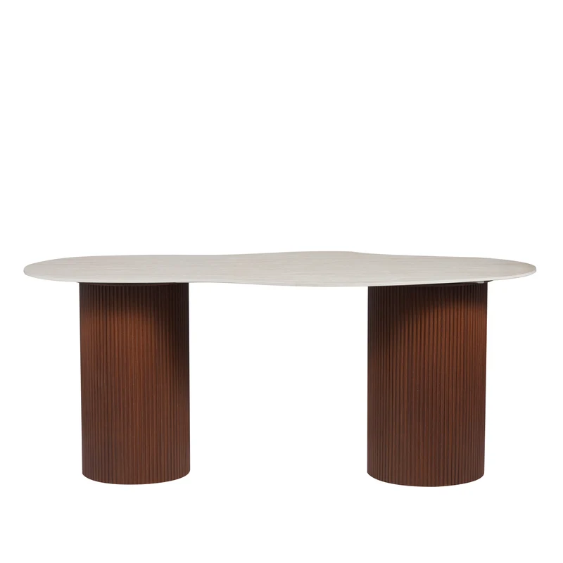 Table à manger NIKI plateau céramique effet travertin pieds noyer