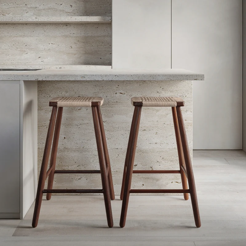 Barstoel Belli - Zithoogte 63 cm - Donkerwalnoot kleur - Geweven zitting