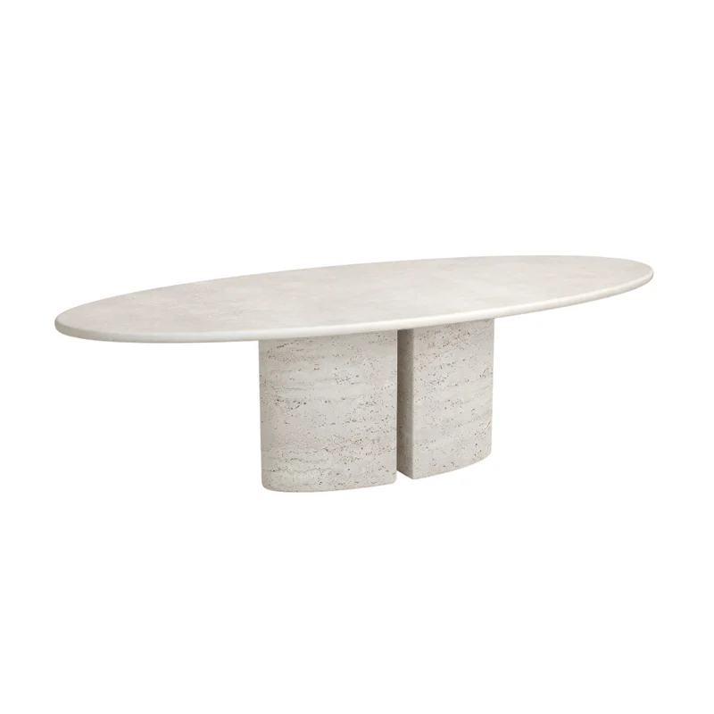 Ovale Eettafel Zira - Wit Travertijn poot - Microskin blad - Latte - 260 cm
