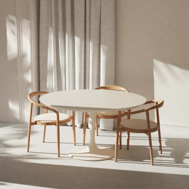 Eettafel Camille – Ronde Tulip Tafel in Latte StoneSkin – Ø140 cm | Moderne Design Eettafel