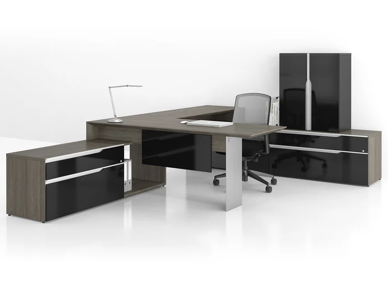 Bureau exécutif en U avec rangements et une étagère - Série Nex