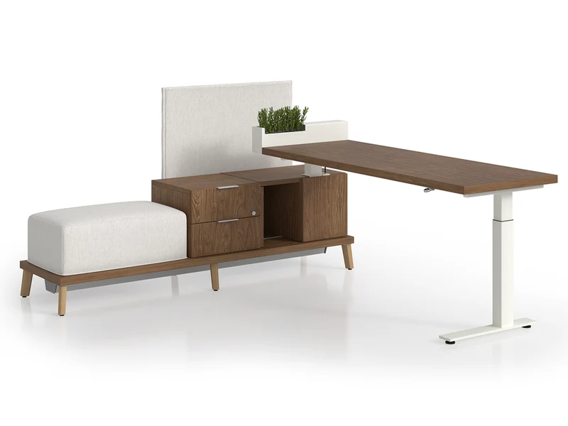 Bureau en L avec rangements, plate-forme électrifiée et réglage électrique de la hauteur - Série Stad