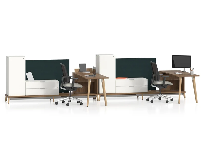 Ensemble de 2 postes de travail en L avec rangements et plates-formes électrifiées - Série Stad