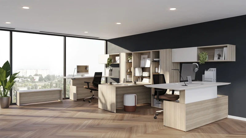 Ensemble de 2 bureaux ajustables avec rangement et espace rencontre- Nex