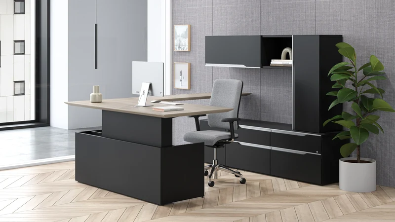 Bureau ajustable en L avec rangement arrière, Nex