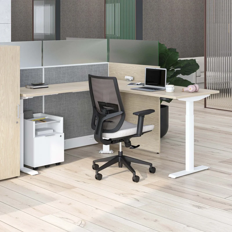 Bureau électrique en L réversible, ajustable en hauteur de 28" à 47-3/4"H, Quorum Essentiel