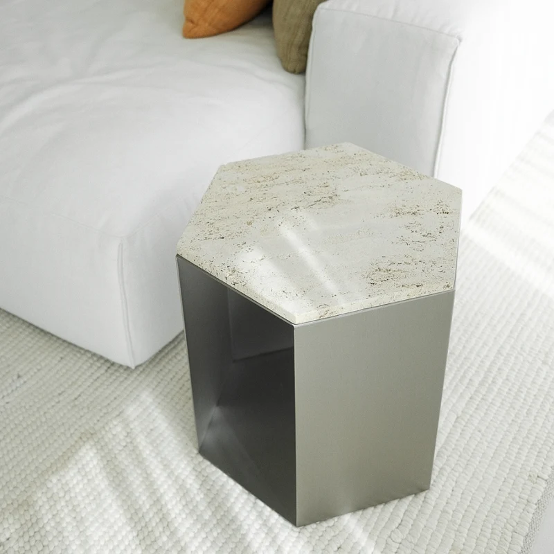 Travertijn Salontafel Stainless steel – Hexagon - Travertijn top
