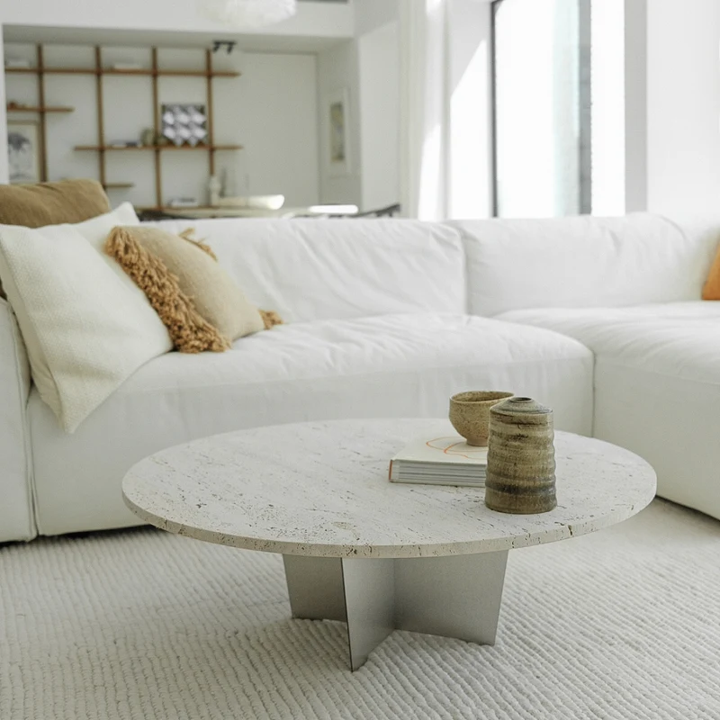 Salontafel rond Bonzac - 90 cm - Stainless steel - Wit Travertin - Ongevuld