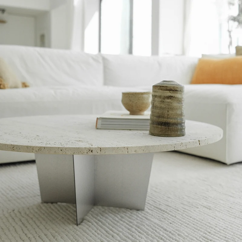 Salontafel rond Bonzac - 90 cm - Stainless steel - Wit Travertin - Ongevuld
