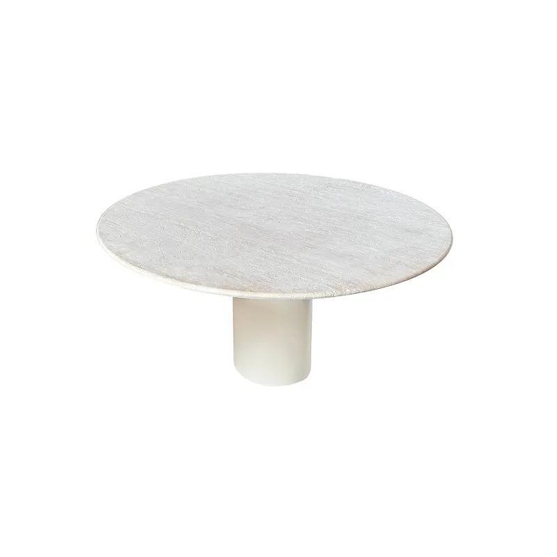 Eetkamertafel rond 140 cm - Nana - Latte StoneSkin onderstel - Wit travertin
