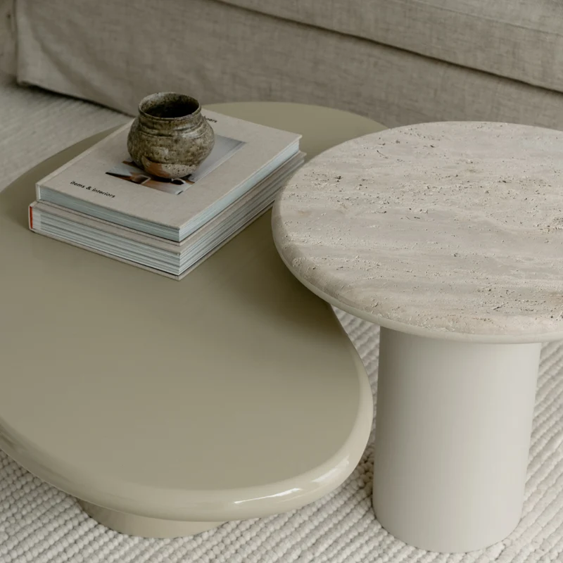 Salontafel Loches - Glanzend licht kaki StoneSkin - Ronde rand