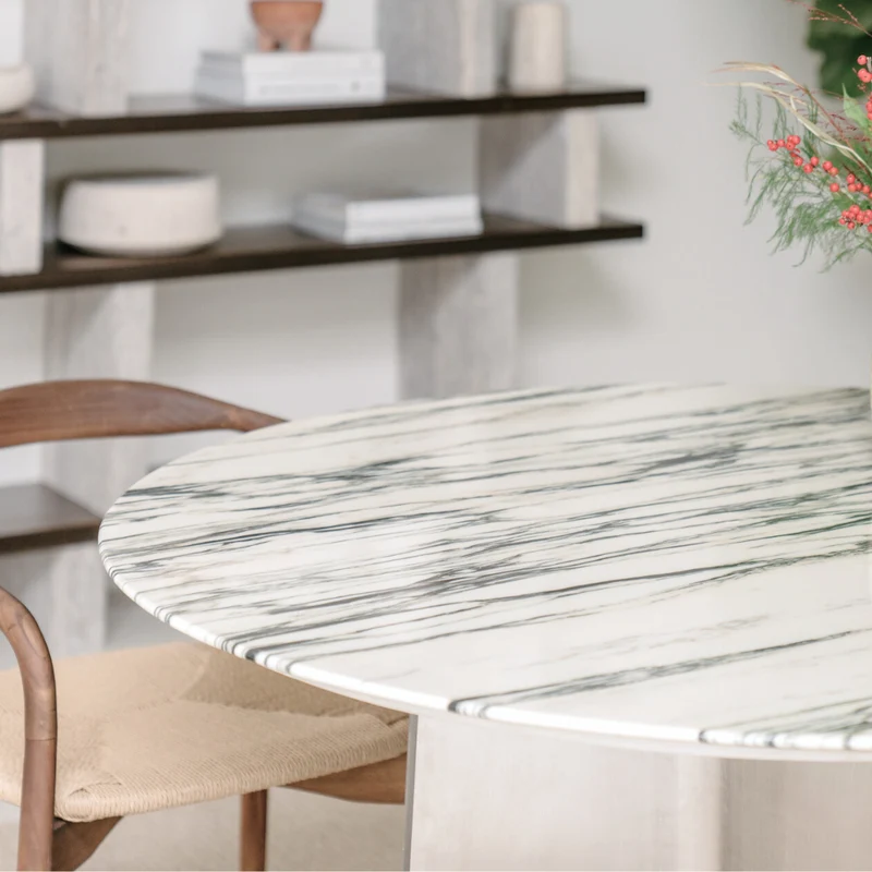 Eettafel Tronget - Geborsteld staal - Blauw wit marmeren bovenblad