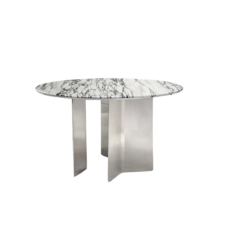 Eettafel Tronget - Geborsteld staal - Blauw wit marmeren bovenblad