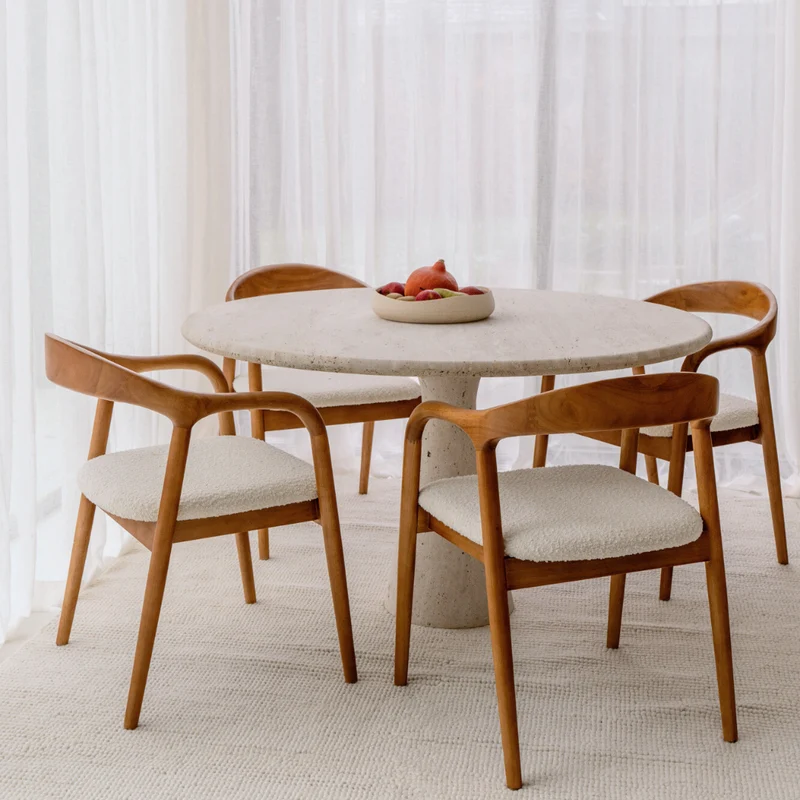 Ronde eettafel Lormes - 130 cm - Wit travertijn - Ronde rand