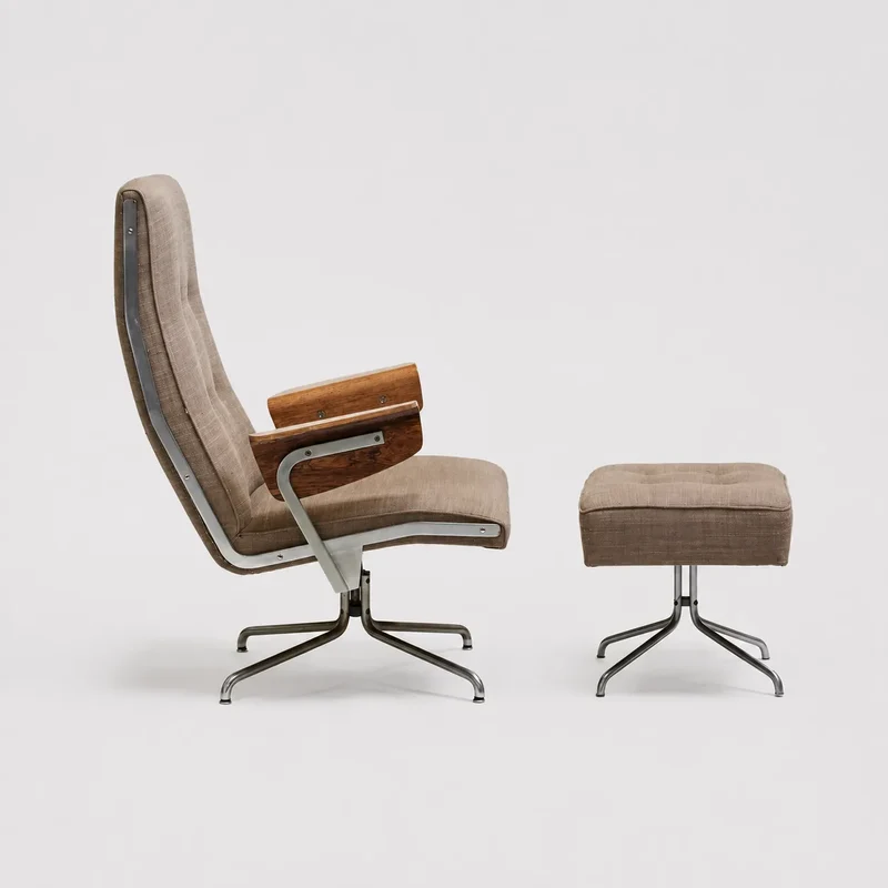 Fabric armchair with ottoman, 1960s
