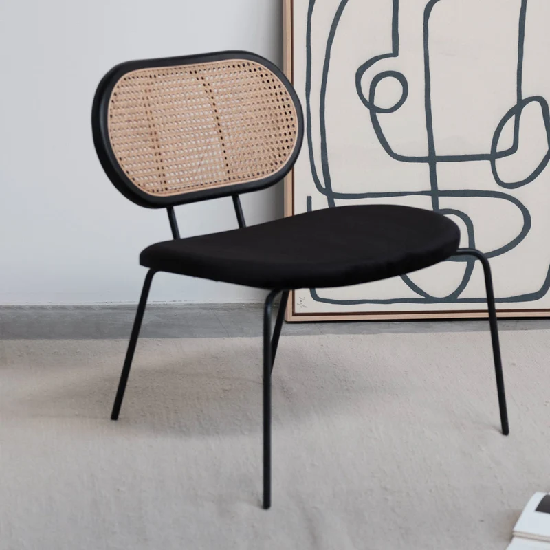Jaren 60 Retro Relaxstoel - Rotan/Zwart Hout - Zwart Velvet - Zwart