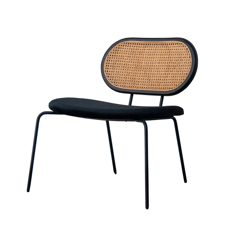 Jaren 60 Retro Relaxstoel - Rotan/Zwart Hout - Zwart Velvet - Zwart