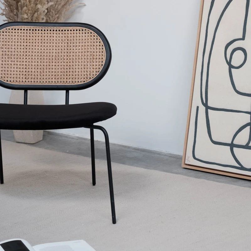 Jaren 60 Retro Relaxstoel - Rotan/Zwart Hout - Zwart Velvet - Zwart