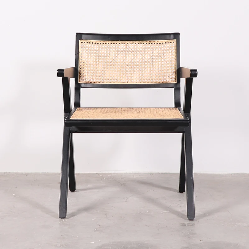 Retro Stoel met Armleuning Zwart/Riet - Ruben