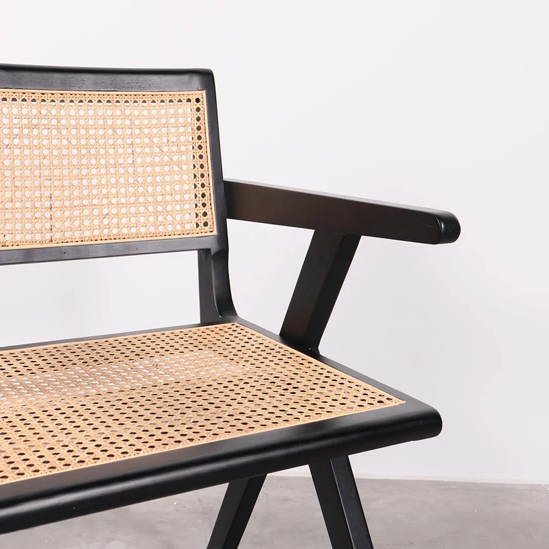 Retro Stoel met Armleuning Zwart/Riet - Ruben