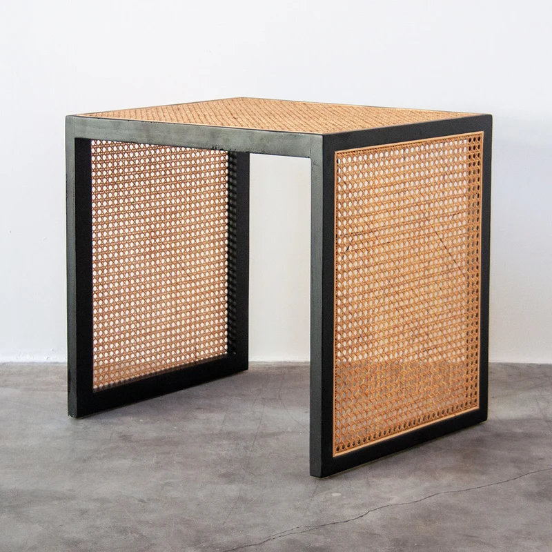 Bijzettafel in Riet - Leon - Zwart/Naturel Rotan - 46×51×56cm