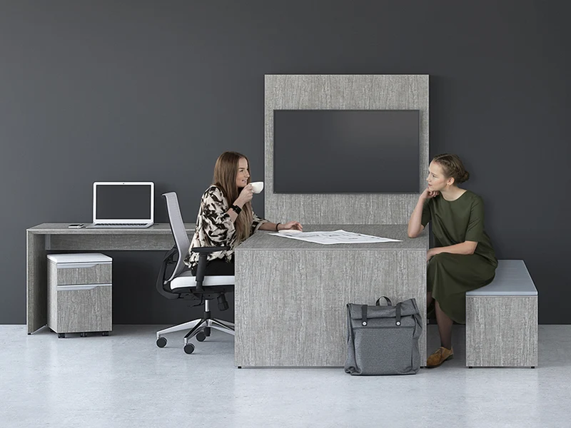 Mobilier de bureau en L avec rangements mobile et bancs - Série Nex