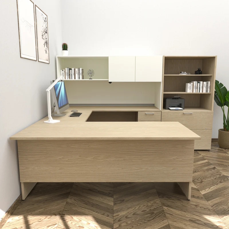 Bureau en U avec étagère et bibliothèque/classeur, Concept 300