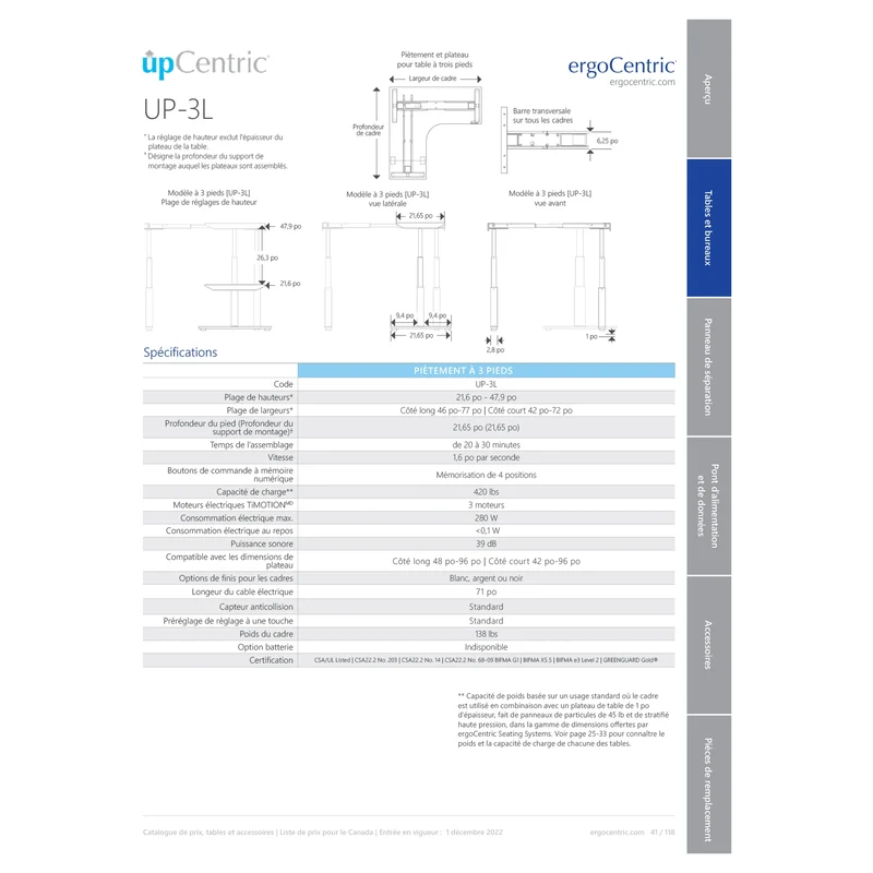 Base électrique en L, ajustable en hauteur de 21,6" à 47,9"H - upCentric 3L