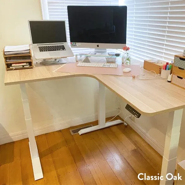 Desky L-Shape Curved Laminate Sit Stand Desk